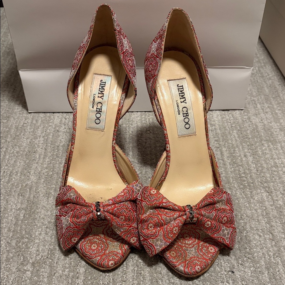 Jimmy Choo Red Paisley Brocade D’Orsay Heels with Bow